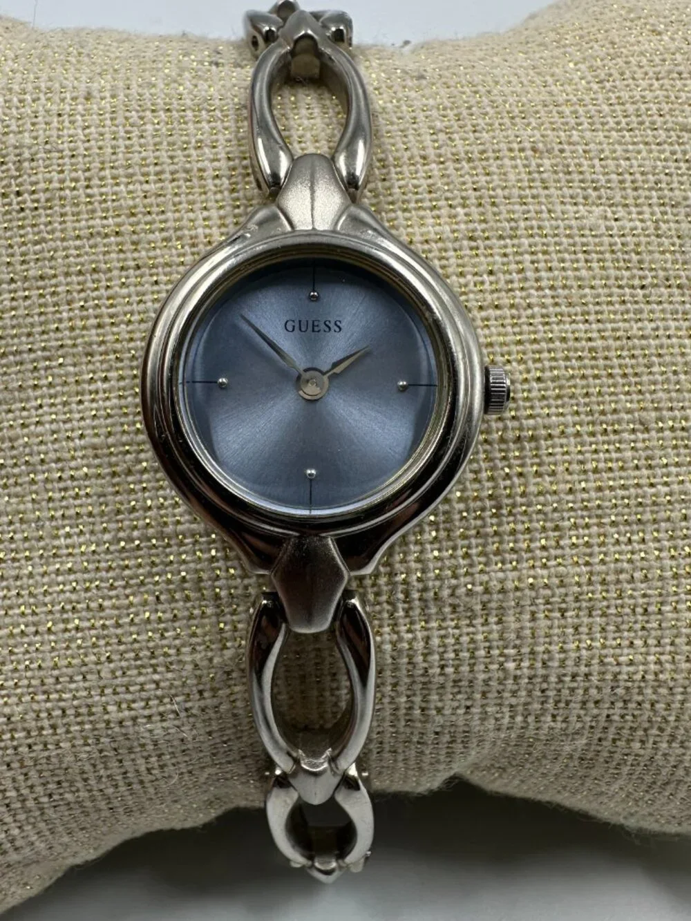 Guess Watch Women Silver Tone Small Blue Dial 19MM New Battery 7.25 Inch